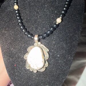 Native American Black Onyx,White Buffalo Necklace & White Buffalo .925 Pendant.